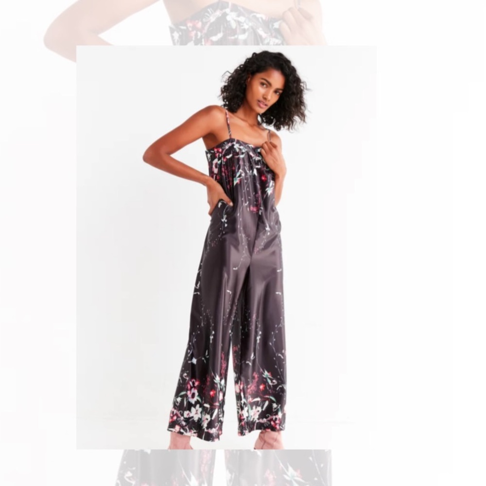 Urban Outfitters Black Satin Floral Jumpsuit